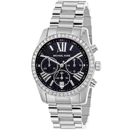 Michael Kors Lexington chronograph women's watch at angle view with stainless steel strap