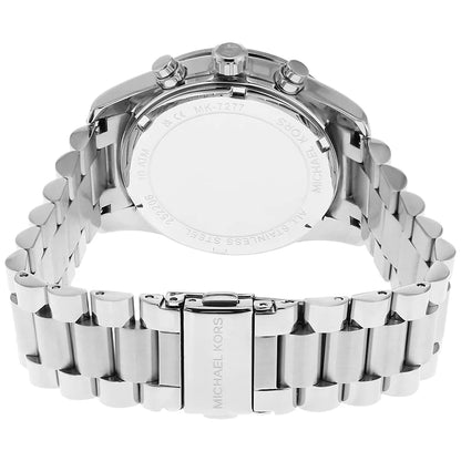 Michael Kors Lexington chronograph women's watch caseback showing stainless steel bracelet