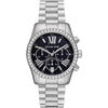 Michael Kors Lexington chronograph women's watch with black dial, crystal bezel, silver strap