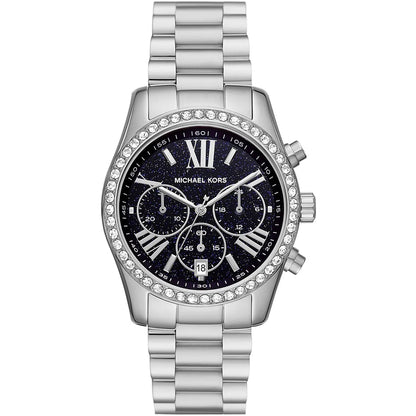 Michael Kors Lexington chronograph women's watch with black dial, crystal bezel, silver strap