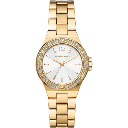 Michael Kors Mini Lennox gold women's watch with pearlescent white dial and crystal bezel