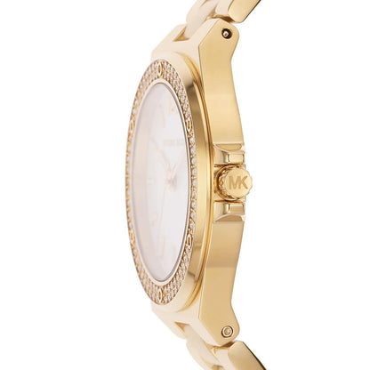 Michael Kors Mini Lennox side profile displaying case thickness and gold metal band