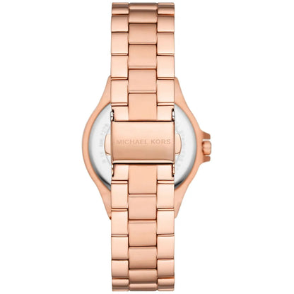 Angled overhead view of Michael Kors Mini-Lennox rose gold watch with white dial