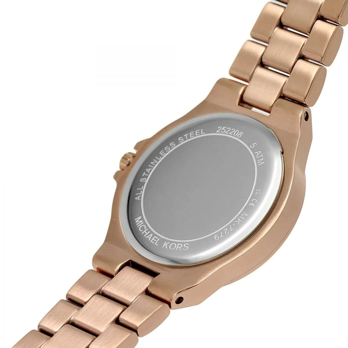 Caseback view showing stainless steel case and movement details of Michael Kors watch