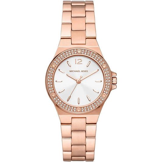 Michael Kors Mini-Lennox rose gold women's watch with white dial and pavé crystal bezel