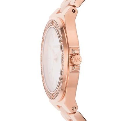 Side view of Michael Kors Mini-Lennox watch showing case profile and rose gold bracelet
