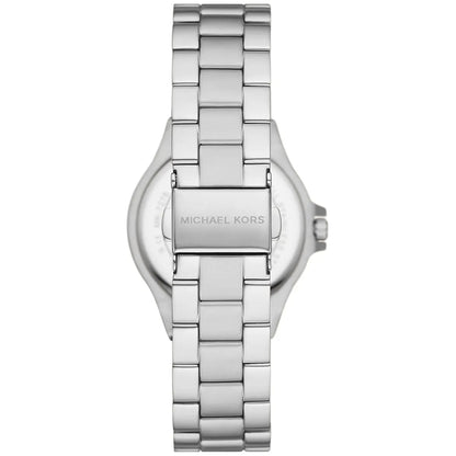 Michael Kors Mini Lennox watch caseback showing stainless steel back and MK logo