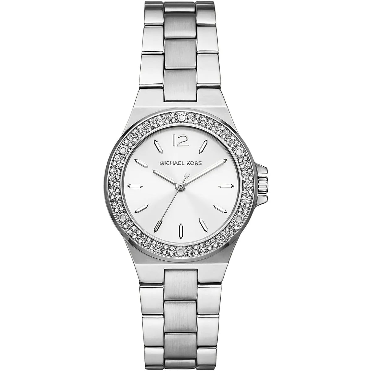 Michael Kors Mini Lennox silver-tone women's watch with crystal bezel and white dial