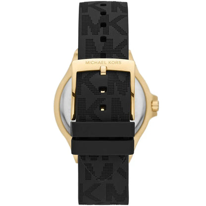 Michael Kors Lennox watch caseback showing gold-tone case with black silicone strap