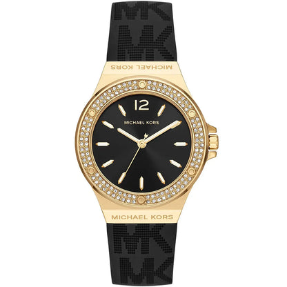 Michael Kors Lennox women's watch with black dial, gold-tone case, crystal bezel and black silicone strap