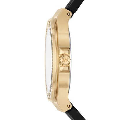 Michael Kors Lennox watch side view displaying gold-tone case profile and crystal bezel
