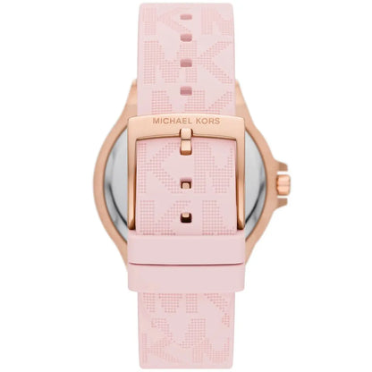 Angled view of Lennox MK7282 watch face with rose gold case and pink monogram strap