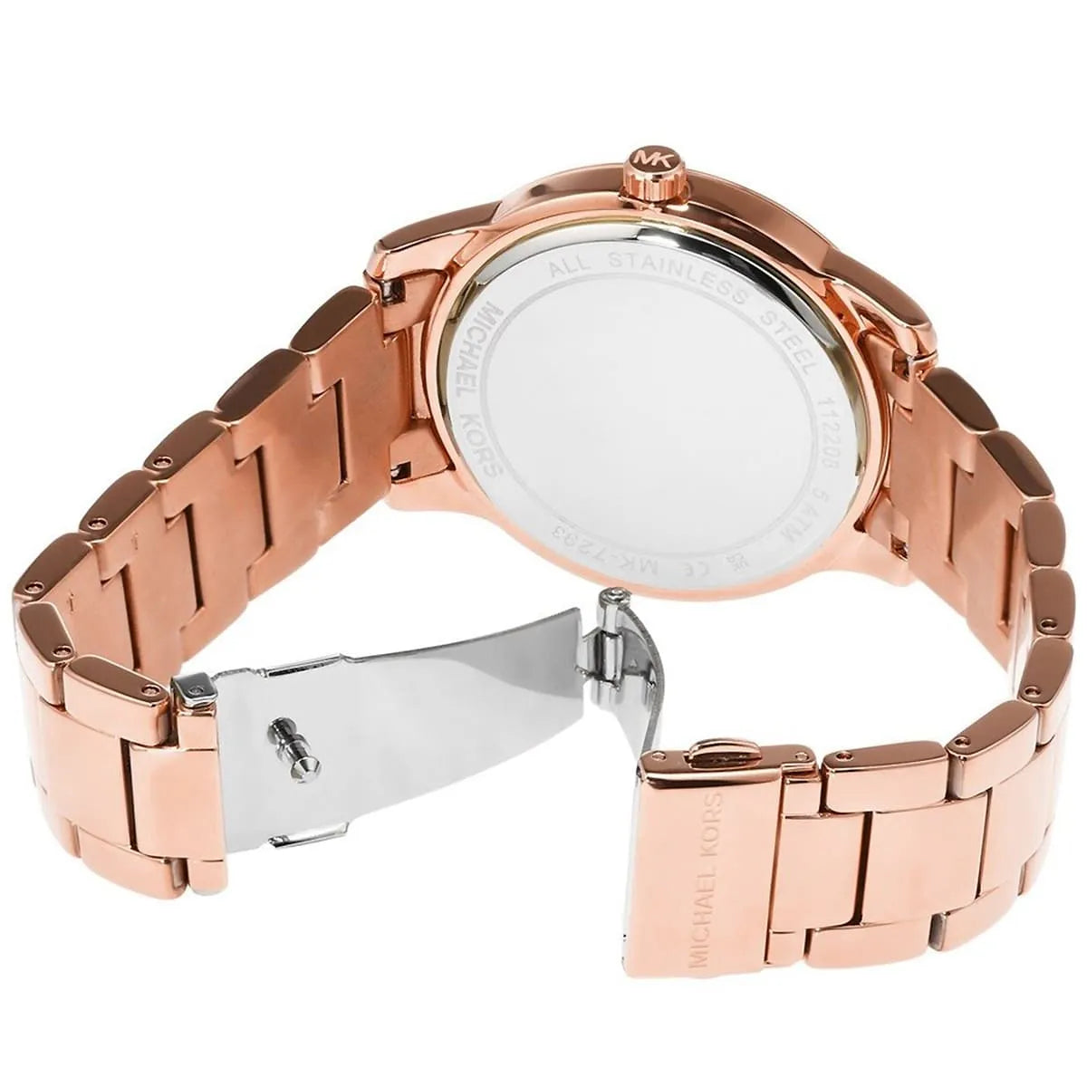 Michael Kors Tibby women's watch displayed at angle showing rose gold-tone case, band, and fold-over clasp