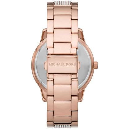 Michael Kors Oversized Tibby rose gold-tone women's watch caseback with stainless steel band detail