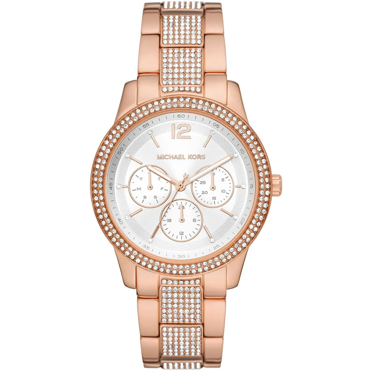 Michael Kors Oversized Tibby Pavé rose gold-tone women's watch with crystal bezel and silver dial