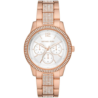 Michael Kors Oversized Tibby Pavé rose gold-tone women's watch with crystal bezel and silver dial