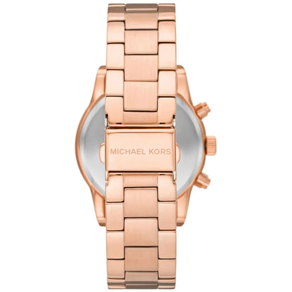 Michael Kors Ritz watch caseback displaying stainless steel back with brand name engraving