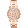 Michael Kors Ritz women's watch with rose gold-tone case, crystal-paved dial, and chronograph subdials