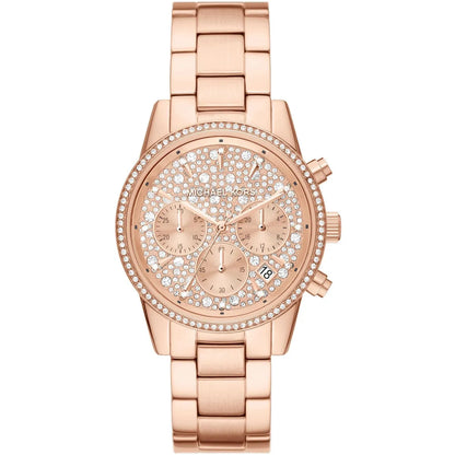 Michael Kors Ritz women's watch with rose gold-tone case, crystal-paved dial, and chronograph subdials