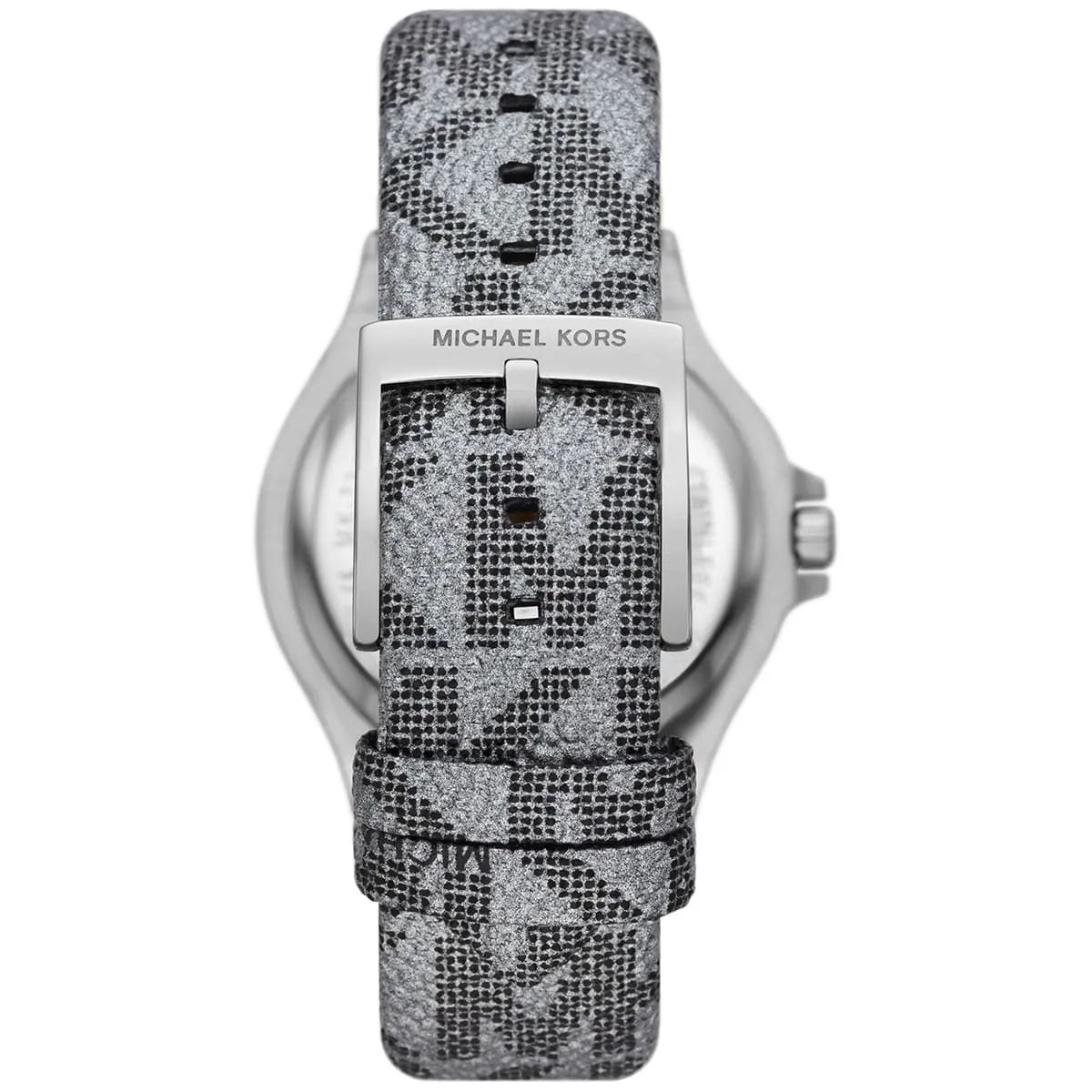 Back view of Michael Kors Lennox watch case showing MK logo and case band