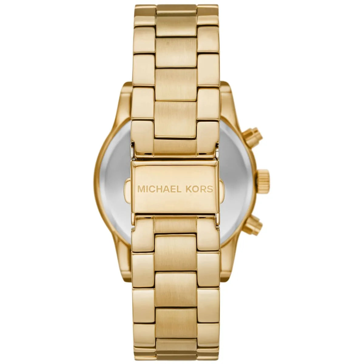 Michael Kors Ritz case back showing gold-tone stainless steel bracelet and Michael Kors engraving