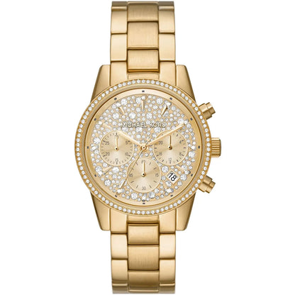 Michael Kors Ritz gold-tone women's chronograph watch with crystal dial and diamond bezel