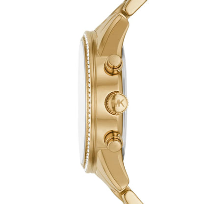 Michael Kors Ritz side profile showing gold-tone case, crystal dial, and chronograph pushers