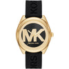Michael Kors Janelle women's watch with gold-tone case, black dial, MK logo, and black silicone strap