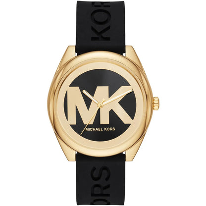 Michael Kors Janelle women's watch with gold-tone case, black dial, MK logo, and black silicone strap