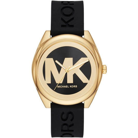 Michael Kors Janelle women's watch with gold-tone case, black dial, MK logo, and black silicone strap