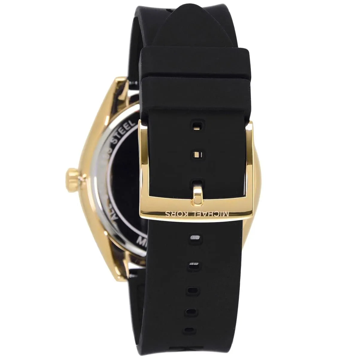 Michael Kors Janelle watch back showing black silicone strap with MK logo and gold-tone buckle