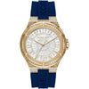 Michael Kors Oversized Lennox Pavé watch with gold-tone case, crystal bezel, white dial, and blue silicone strap