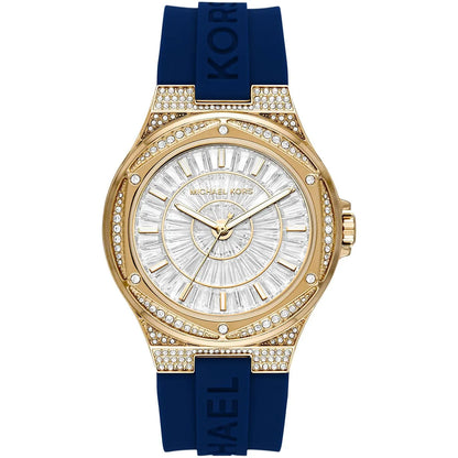 Michael Kors Oversized Lennox Pavé watch with gold-tone case, crystal bezel, white dial, and blue silicone strap