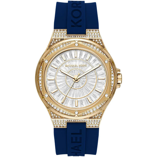 Michael Kors Oversized Lennox Pavé watch with gold-tone case, crystal bezel, white dial, and blue silicone strap