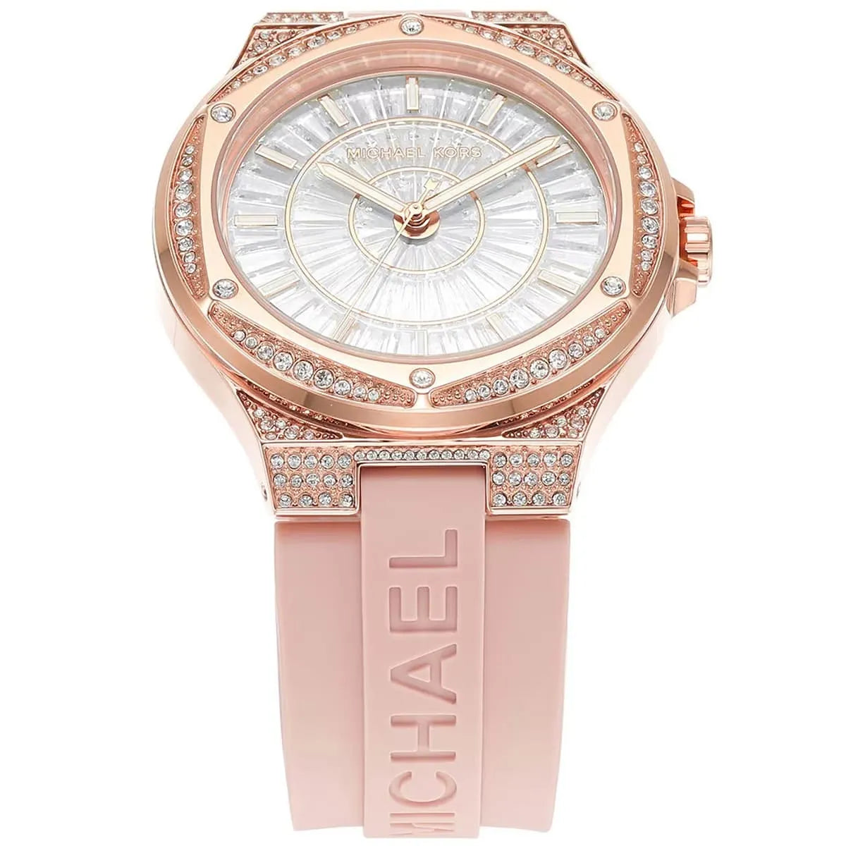 Close-up of Michael Kors Lennox white dial with pavé crystal bezel and rose gold case