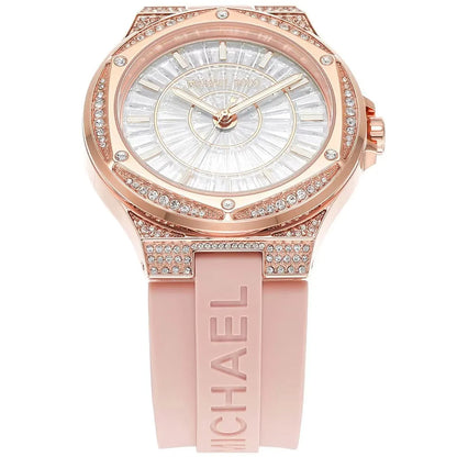 Close-up of Michael Kors Lennox white dial with pavé crystal bezel and rose gold case