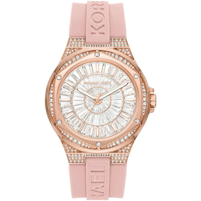Michael Kors Lennox rose gold pavé watch with white dial and pink silicone strap