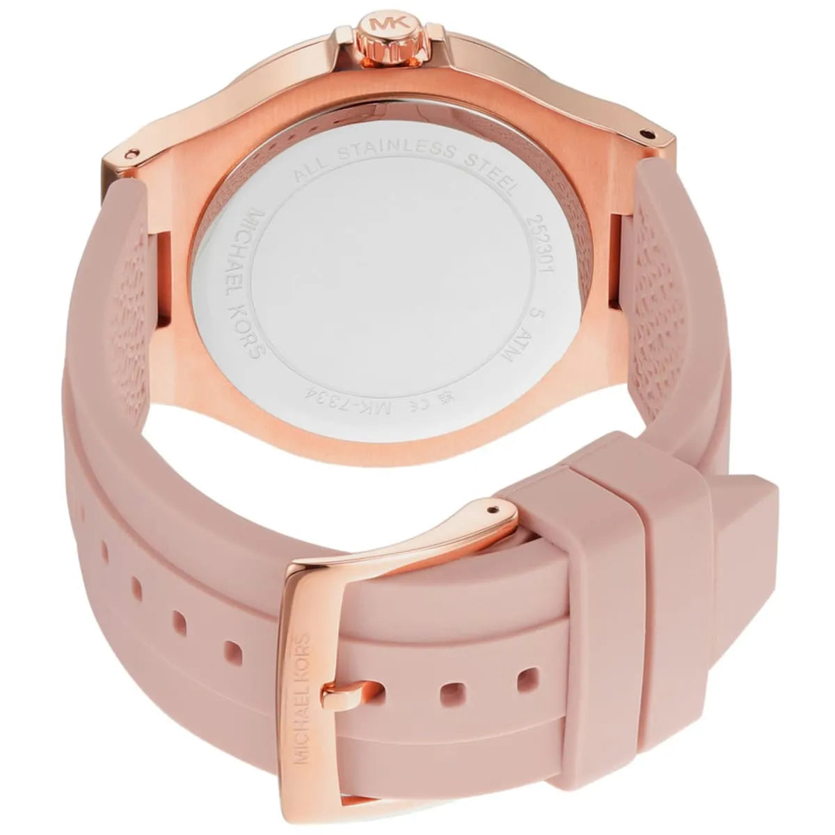 Pink silicone strap with Michael Kors branding and deployment clasp on rose gold case