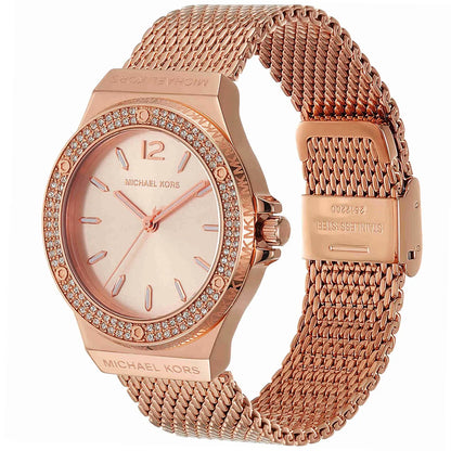 Michael Kors Lennox watch at angle showing rose gold mesh strap and bezel detail