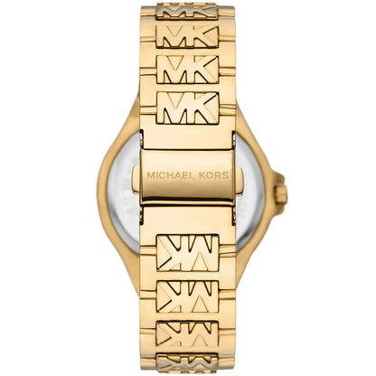 Michael Kors Lennox gold watch caseback with stainless steel strap and MK logo