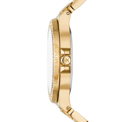 Michael Kors Lennox watch side profile showing crystal bezel and gold case