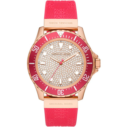 Michael Kors Everest women's watch with crystal-set dial, rose gold case, burgundy bezel, and pink silicone strap