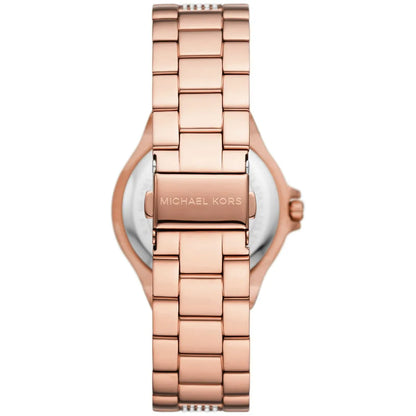 Michael Kors Lennox watch caseback showing rose gold stainless steel case