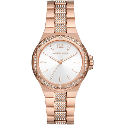 Michael Kors Lennox rose gold-tone women's watch with white dial and crystal bezel