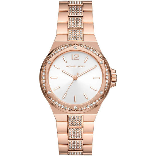 Michael Kors Lennox rose gold-tone women's watch with white dial and crystal bezel