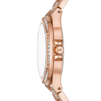 Michael Kors Lennox watch side profile with crystal-embellished bezel and MK logo