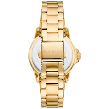 Rear view of Michael Kors Mini Everest watch showing gold metal strap and caseback
