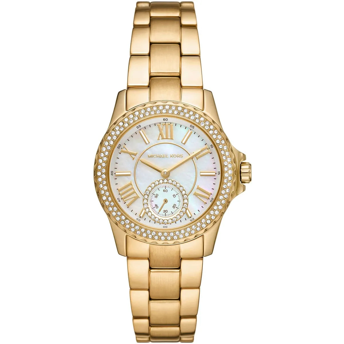 Michael Kors Mini Everest gold-tone women's watch with pavé crystal bezel and white mother-of-pearl dial