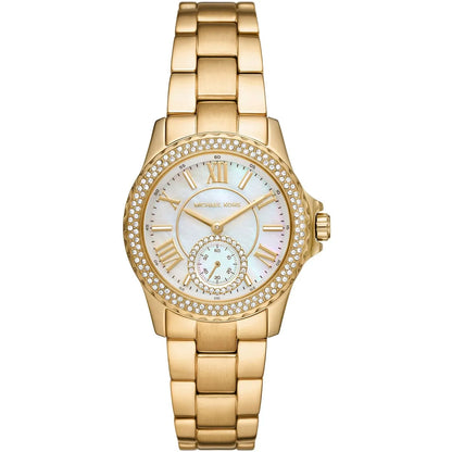 Michael Kors Mini Everest gold-tone women's watch with pavé crystal bezel and white mother-of-pearl dial