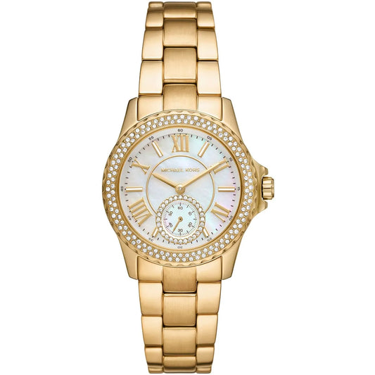 Michael Kors Mini Everest gold-tone women's watch with pavé crystal bezel and white mother-of-pearl dial